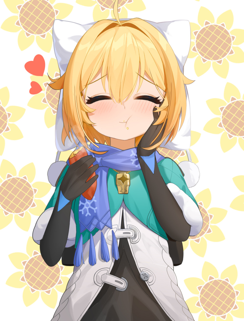 1girl ahoge animal_hood black_gloves blonde_hair blue_scarf blush capelet chewing closed_mouth eating flower food fur-trimmed_capelet fur_trim gloves good_end green_capelet hair_between_eyes happy heart highres holding holding_food honkai:_star_rail honkai_(series) hood lynx_landau print_scarf scarf short_hair smile snowflake_print solo sunflower sweet_potato wood_cube