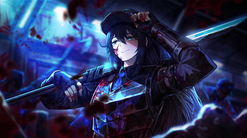 1boy 1other adjusting_clothes adjusting_headwear armor baseball_cap black_eyes black_gloves black_hair black_headwear black_shirt blood blood_on_clothes blood_on_face blue_eyes blue_necktie breastplate closed_mouth collared_shirt fingerless_gloves game_cg glaive_(polearm) gloves hat heterochromia highres holding holding_polearm holding_weapon hong_lu_(project_moon) indoors limbus_company long_hair male_focus nai_ga necktie official_art polearm project_moon shirt sidelocks smile solo_focus weapon wing_collar