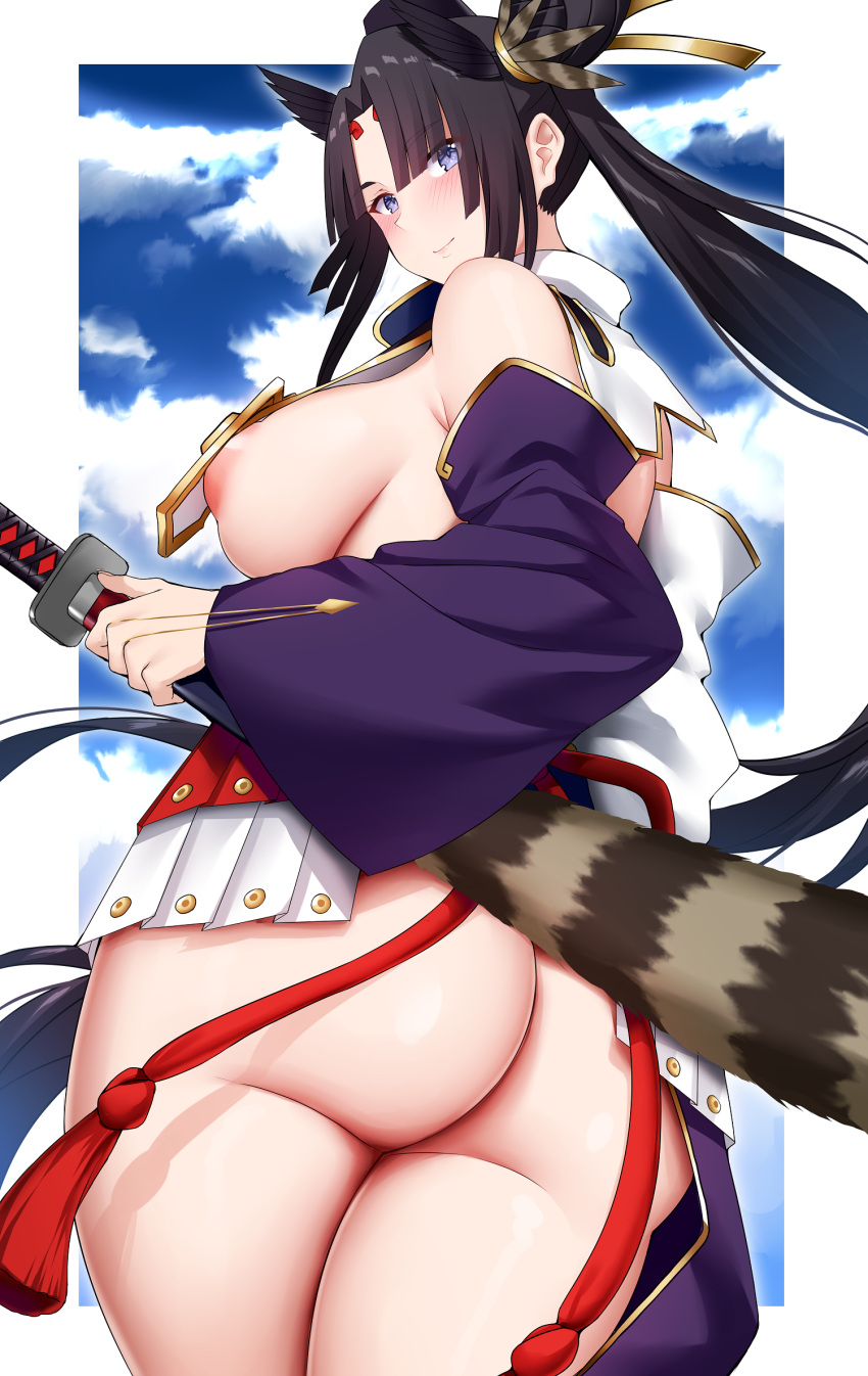 1girl areola_slip arind_yudha ass bare_shoulders black_hair blue_eyes blush breasts closed_mouth detached_sleeves fate/grand_order fate_(series) from_behind hair_ornament highres katana large_breasts long_hair long_sleeves looking_at_viewer looking_back no_panties outdoors purple_sleeves side_ponytail smile solo sword thighs ushiwakamaru_(fate) weapon