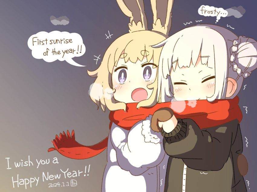 2girls blonde_hair blue_background blush breath child closed_eyes closed_mouth cloud coat cold dated double_bun english_text gradient_background hair_bun hand_on_another's_back happy_new_year holding_hands multiple_girls new_year open_mouth original purple_eyes red_scarf samansa_(samansa_ex) samansa_ex scarf shared_clothes shared_scarf short_hair siblings signature sisters speech_bubble sunrise tabasa_(samansa_ex) thought_bubble trembling white_hair winter winter_uniform yellow_background