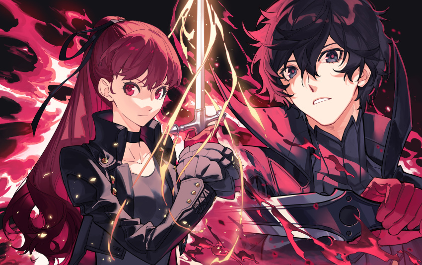 1boy 1girl absurdres amamiya_ren black_hair black_jacket breasts dagger gloves hair_between_eyes hair_ribbon highres holding holding_dagger holding_knife holding_weapon jacket knife long_hair long_sleeves looking_at_viewer open_mouth persona persona_5 persona_5_the_royal ponytail rapier red_eyes red_gloves red_hair red_theme ribbon serious short_hair sword tsubsa_syaoin weapon yoshizawa_kasumi