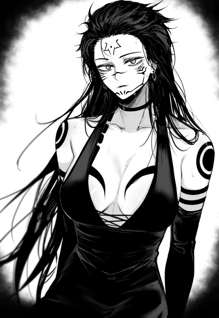 1girl absurdres arm_tattoo bare_shoulders black_dress breasts choker cleavage closed_mouth collarbone cowboy_shot dress earrings elbow_gloves english_commentary expressionless facial_tattoo genderswap genderswap_(mtf) gloves greyscale halter_dress halterneck highres jewelry jujutsu_kaisen large_breasts long_hair looking_at_viewer messy_hair monochrome ryoumen_sukuna_(jujutsu_kaisen) solo swedat tattoo very_long_hair vignetting zovokia