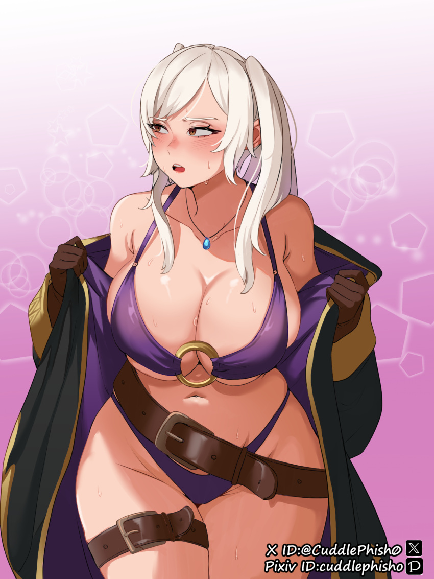 1girl bare_shoulders belt bikini blush breasts brown_eyes brown_gloves cleavage cowboy_shot cuddlephish0 curvy embarrassed fire_emblem fire_emblem_awakening fire_emblem_heroes gloves gradient_background highres hooded_robe huge_breasts jewelry long_hair long_sleeves looking_to_the_side navel necklace o-ring o-ring_bikini o-ring_top official_alternate_costume open_mouth pixiv_id purple_bikini purple_robe removing_coat robe robin_(female)_(fire_emblem) robin_(female)_(summer)_(fire_emblem) robin_(fire_emblem) solo sweat swimsuit twintails twitter_username white_hair