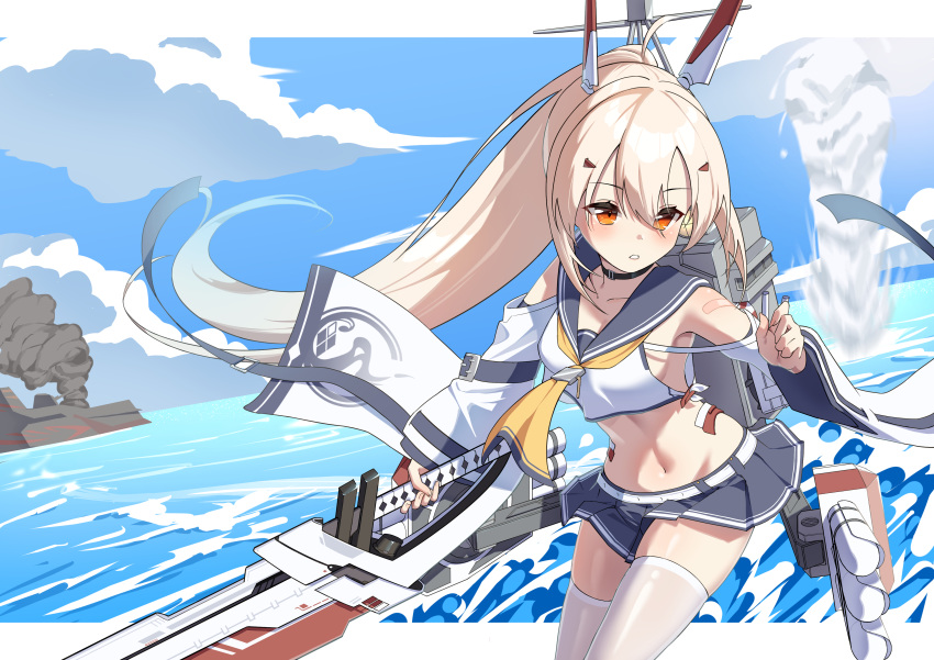 1girl absurdres ascot ayanami_(azur_lane) ayanami_(retrofit)_(azur_lane) azur_lane bandaid bandaid_on_arm blonde_hair blue_sailor_collar blue_skirt breasts collarbone commentary_request detached_sleeves hair_between_eyes highres holding holding_sword holding_weapon long_hair long_sleeves marimo_daifuku midriff miniskirt navel parted_lips pleated_skirt ponytail red_eyes rigging sailor_collar sailor_shirt shirt skirt sleeveless sleeveless_shirt small_breasts solo sword thighhighs very_long_hair weapon white_shirt white_thighhighs yellow_ascot
