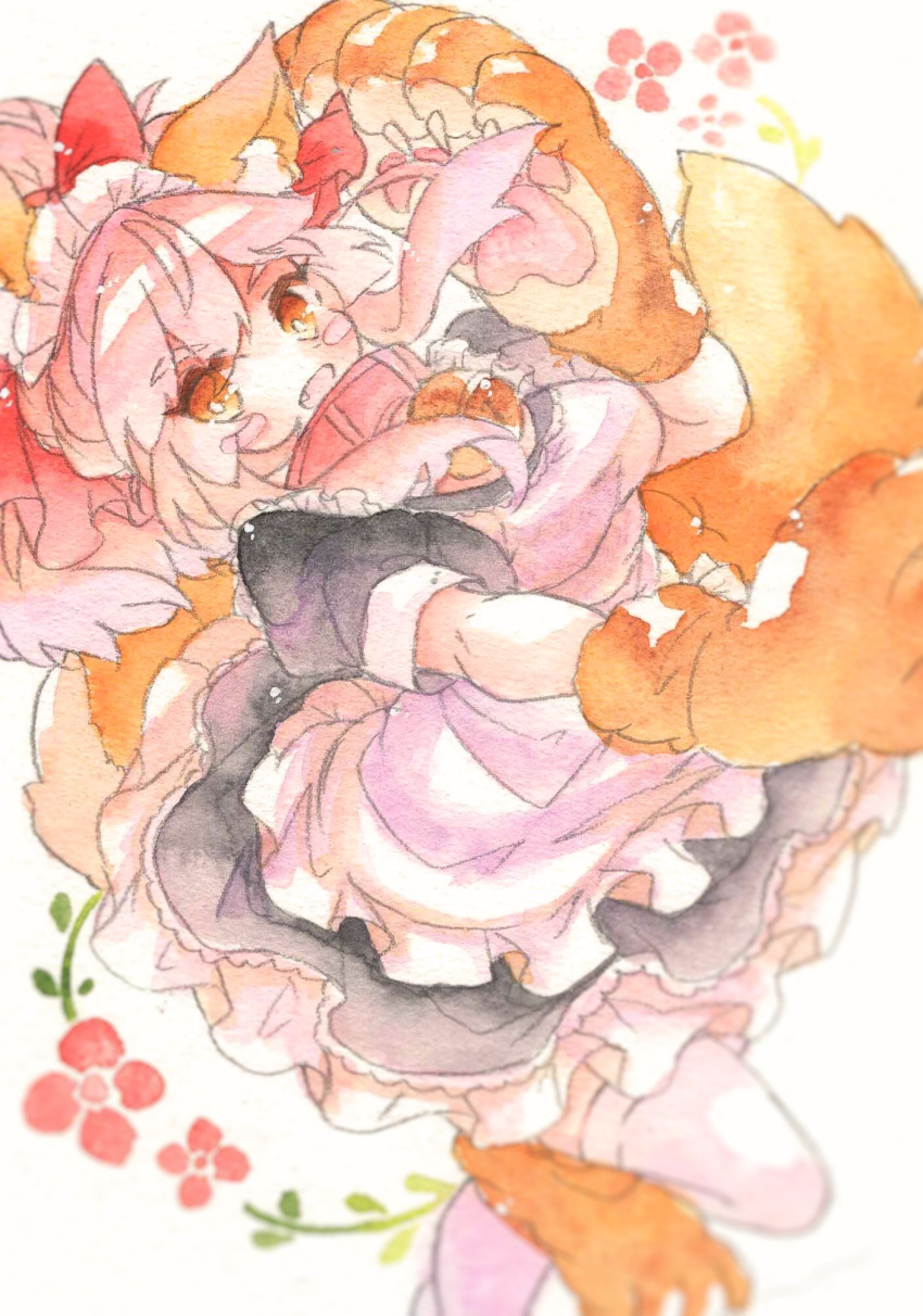 1girl :d animal_ears animal_feet animal_hands apron black_dress dress fang fate/grand_order fate_(series) fina_(sa47rin5) hand_up highres knee_up looking_at_viewer open_mouth orange_eyes orange_tail painting_(medium) pink_hair short_sleeves simple_background smile solo tamamo_(fate) tamamo_cat_(fate) thighhighs traditional_media watercolor_(medium) white_apron white_background white_thighhighs