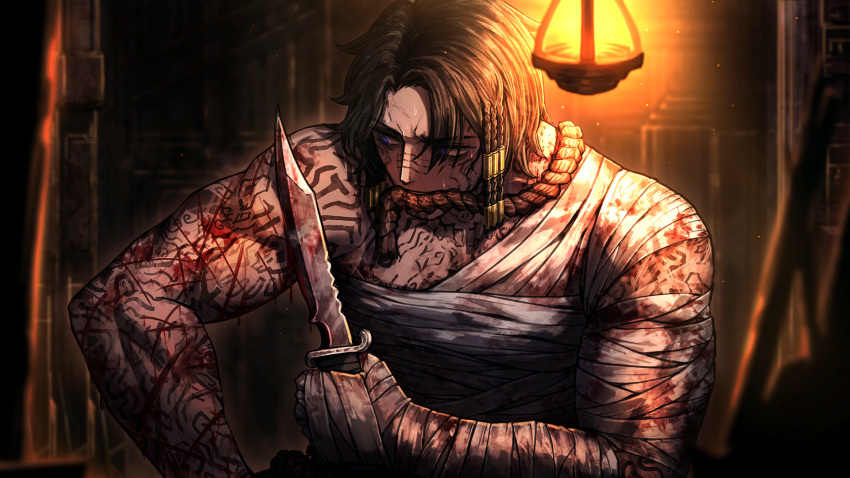 1boy bandaged_arm bandaged_hand bandages blood blood_on_knife brown_hair cuts dark-skinned_male dark_skin dreadlocks full-body_tattoo game_cg heathcliff_(project_moon) highres holding holding_knife injury knife limbus_company nai_ga official_art project_moon purple_eyes rope rope_gag sarashi scar scar_on_face self-harm short_hair solo tattoo