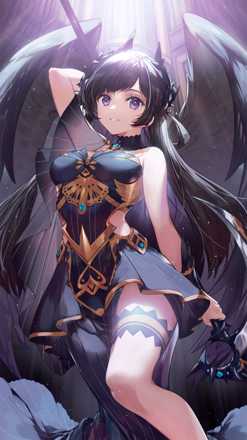 1girl arm_behind_head arm_up bare_arms bare_shoulders black_background black_choker black_dress black_hair black_wings black_wrist_cuffs blue_eyes breasts choker clothing_cutout crown_of_thorns dress feathered_wings feet_out_of_frame girl_cafe_gun grin highres holding holding_scythe light_particles light_rays long_dress long_hair looking_at_viewer medium_breasts official_art scythe side_cutout side_slit sleeveless sleeveless_dress smile solo thigh_strap wings wrist_cuffs yui_(girl_cafe_gun)