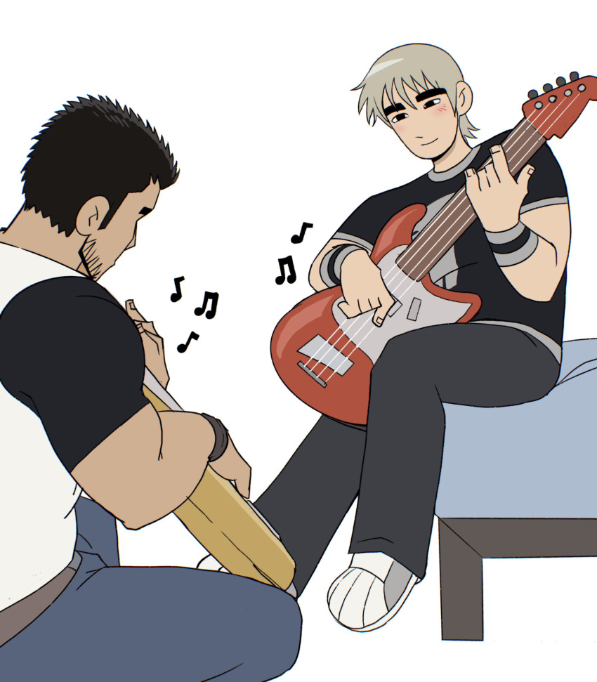 2boys beard_stubble black_hair blush dating denim electric_guitar facial_hair full_body guitar highres huge_eyebrows instrument jeans looking_at_another lucas_lee male_focus multiple_boys musical_note official_style on_bed pants scott_pilgrim_(series) scott_pilgrim_takes_off shirt short_hair short_sleeves sitting smile stubble t-shirt teaching todd_ingram toned toned_male whyd0id0whatid0 yaoi