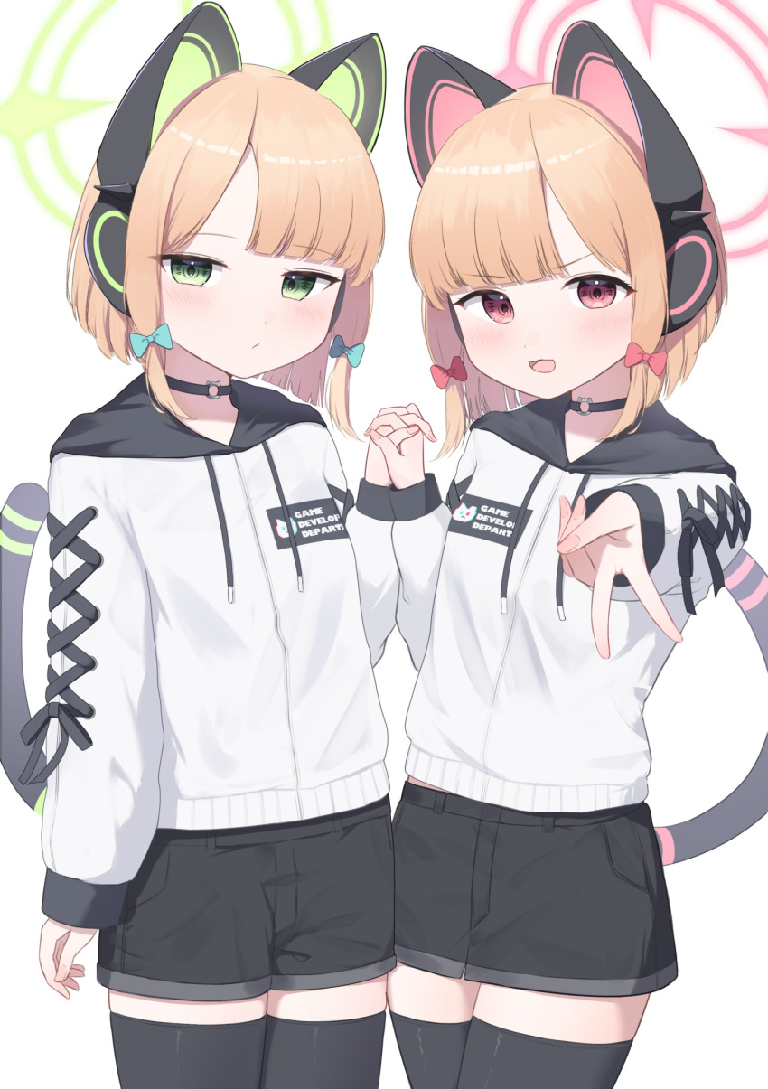 2girls alternate_costume animal_ear_headphones animal_ears black_choker black_hood black_shorts black_skirt black_thighhighs blonde_hair blue_archive blush bow cat_ear_headphones choker cowboy_shot fake_animal_ears fake_tail green_bow green_eyes green_halo gyaru_v hair_bow halo hand_up headphones highres holding_hands hood hoodie interlocked_fingers long_sleeves looking_at_viewer low-tied_sidelocks midori_(blue_archive) momoi_(blue_archive) multiple_girls open_mouth outstretched_arm pink_eyes pink_halo red_bow short_hair shorts siblings sisters skirt smile tail takeroku thighhighs twins v white_background white_hoodie