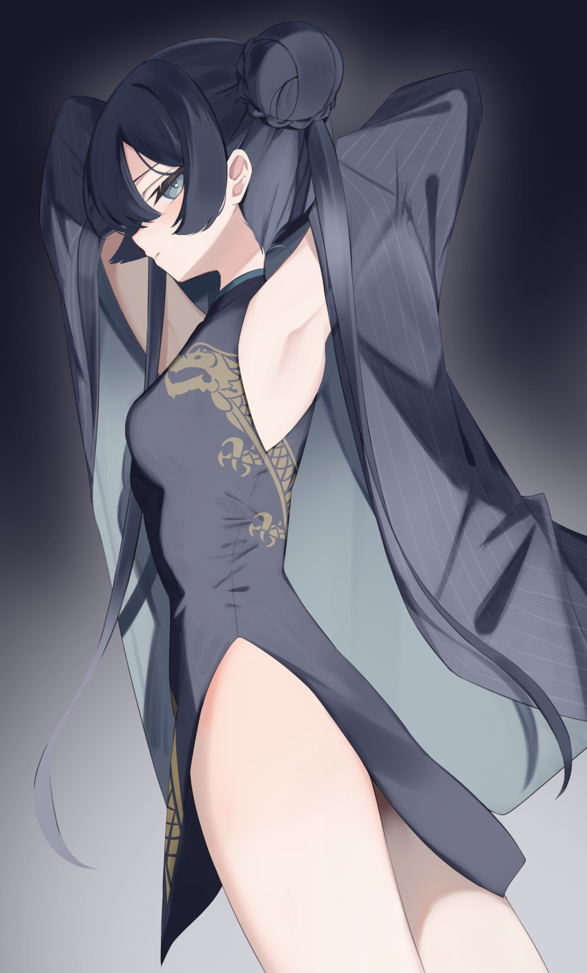 1girl absurdres armpits black_dress black_hair blue_archive blush breasts china_dress chinese_clothes closed_mouth coat cowboy_shot double_bun dress from_side grey_coat grey_eyes hair_bun highres kisaki_(blue_archive) long_hair long_sleeves open_clothes open_coat profile sleeveless sleeveless_dress small_breasts solo striped_clothes striped_coat terano_naa twintails vertical-striped_clothes vertical-striped_coat
