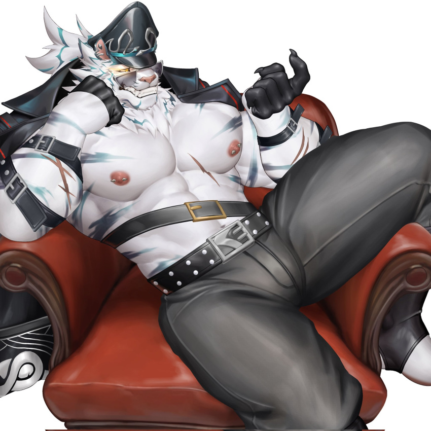 1boy abs bara black_coat black_gloves black_headwear black_pants bulge chinese_commentary claws clenched_teeth coat coat_on_shoulders cross_scar dislyte fangs furry furry_male gloves head_on_hand highres jin_qiu_(ru_shou)_(dislyte) male_focus multiple_scars nipple_piercing on_chair pants pectorals piercing ponytail scar scar_on_arm scar_on_chest shiling_(shiling_100) sitting sunglasses teeth white_background yellow_eyes