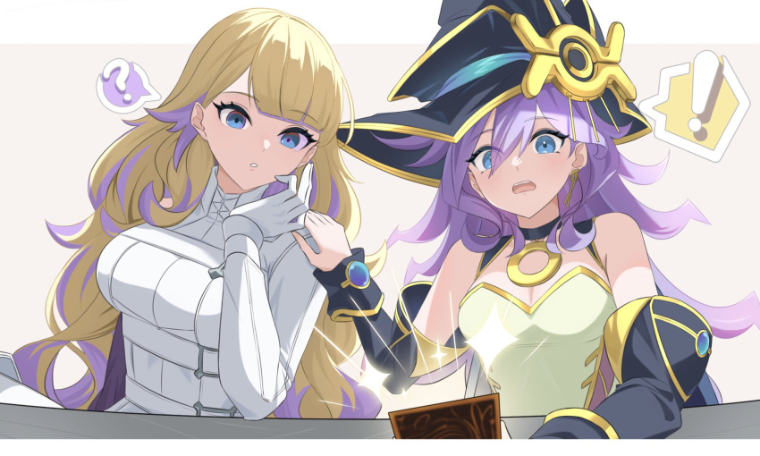 2girls bare_shoulders blonde_hair blue_bow blue_eyes bow breasts cleavage collarbone detached_sleeves diabellze_of_the_original_sin dress duel_monster eye_of_horus gloves hair_between_eyes hat heichi highres large_breasts long_hair long_sleeves medium_breasts multicolored_hair multiple_girls nightmare_apprentice open_mouth purple_hair streaked_hair white_dress wizard_hat yu-gi-oh!