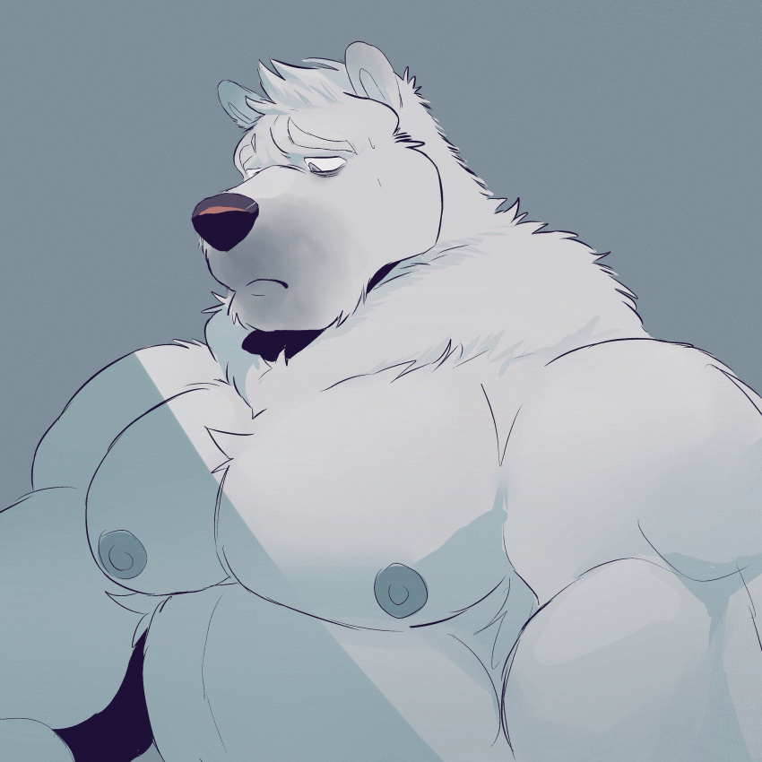 1:1 2018 anthro barazoku bear bust_portrait cool_colors frown fur ghoskee grey_eyes half-length_portrait head_tuft hi_res icon light looking_down male mammal muscular muscular_anthro muscular_male neck_tuft nipples pecs polar_bear portrait sad simple_background solo tuft ursine white_body white_fur