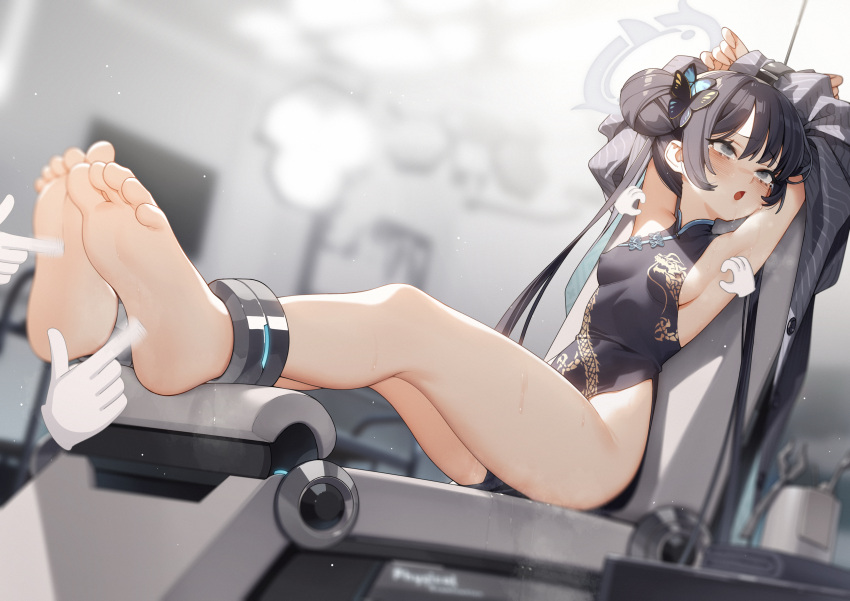 1girl absurdres armpits arms_up bare_legs barefoot black_coat black_dress black_hair blue_archive blurry blurry_background blush breasts butterfly_hair_ornament coat commentary de_da_xianyu depth_of_field double_bun dragon_print dress feet foot_focus full_body grey_eyes grey_halo hair_bun hair_ornament halo highres indoors kisaki_(blue_archive) legs legs_together long_hair long_sleeves medium_breasts open_mouth parted_lips pelvic_curtain presenting_armpit print_dress restrained sideboob sitting sleeveless sleeveless_dress soles solo stationary_restraints symbol-only_commentary tearing_up tears tickling tickling_armpits tickling_feet toes twintails very_long_hair