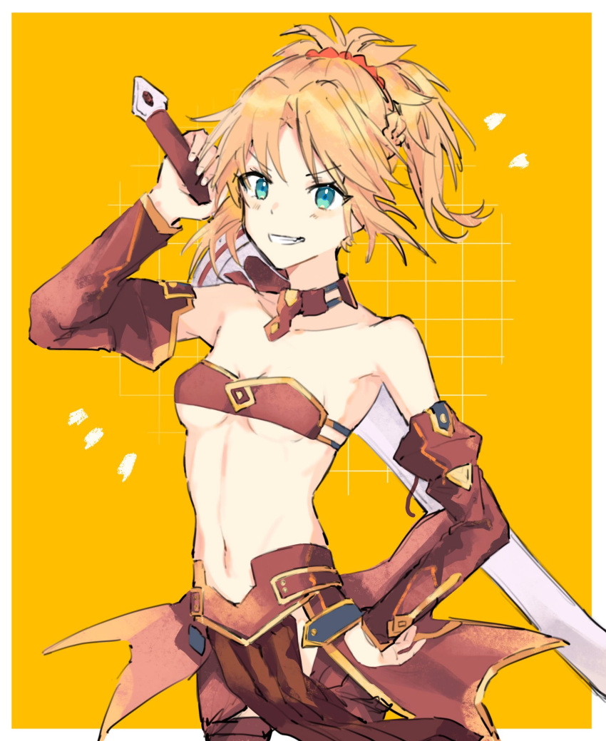 1girl armpits bare_shoulders blonde_hair blue_eyes breasts cowboy_shot fate_(series) highres medium_breasts midriff mordred_(fate) mordred_(fate/apocrypha) ponytail rizu033 simple_background smile solo sword weapon yellow_background