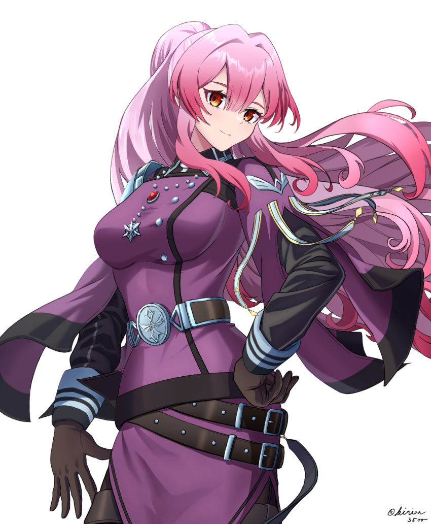 1girl belt breasts cowboy_shot duel_monster exosister_martha gloves highres jewelry kyrion large_breasts long_hair long_sleeves necklace pink_hair ponytail red_eyes smile solo very_long_hair white_background yu-gi-oh!