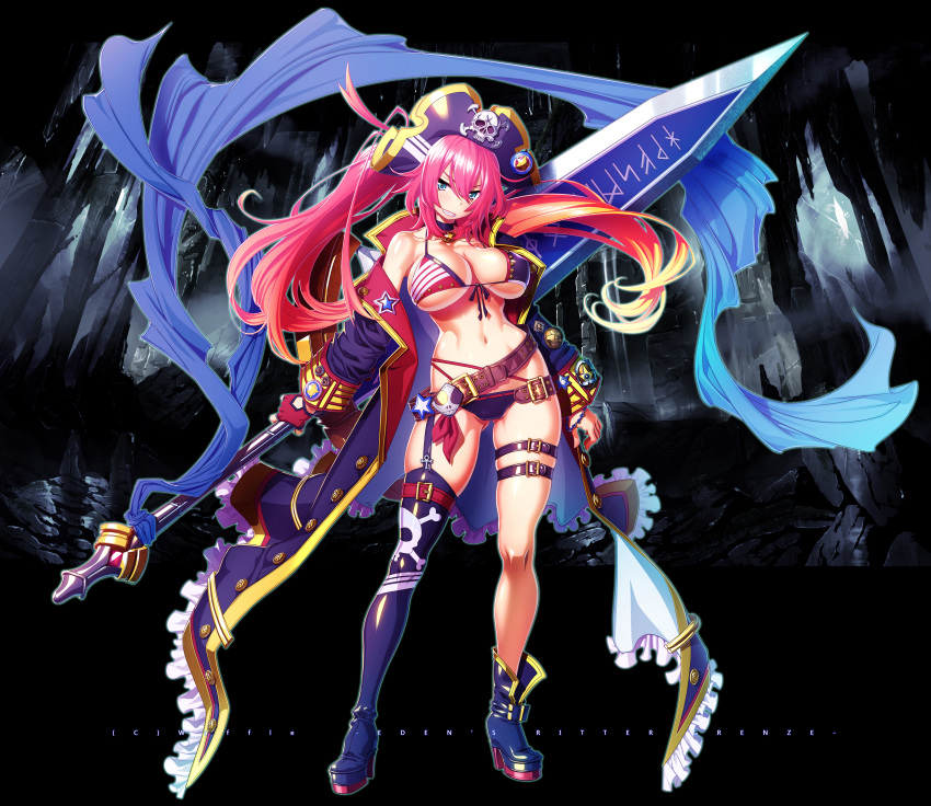 1girl absurdres belt bikini blue_eyes breasts choker eden's_ritter_grenze fingerless_gloves garter_straps gloves greatsword hair_between_eyes hat highres holding holding_sword holding_weapon jacket large_breasts long_hair looking_at_viewer navel open_clothes open_jacket pink_hair sakuya_tsuitachi single_fingerless_glove single_garter_strap single_thighhigh solo swimsuit sword thigh_strap thighhighs twintails weapon