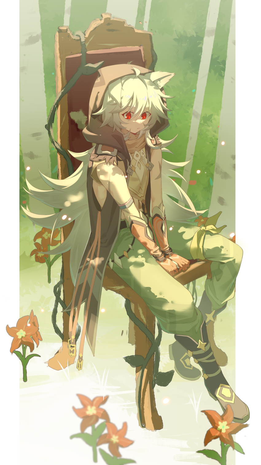 1boy absurdres ahoge animal_ears bone_necklace chair genshin_impact gloves green_pants highres hood kiscript long_hair male_focus on_chair orange_gloves pants razor_(genshin_impact) red_eyes scar scar_on_arm short_sleeves sitting solo windwheel_aster_(genshin_impact) wolf_boy wolf_ears