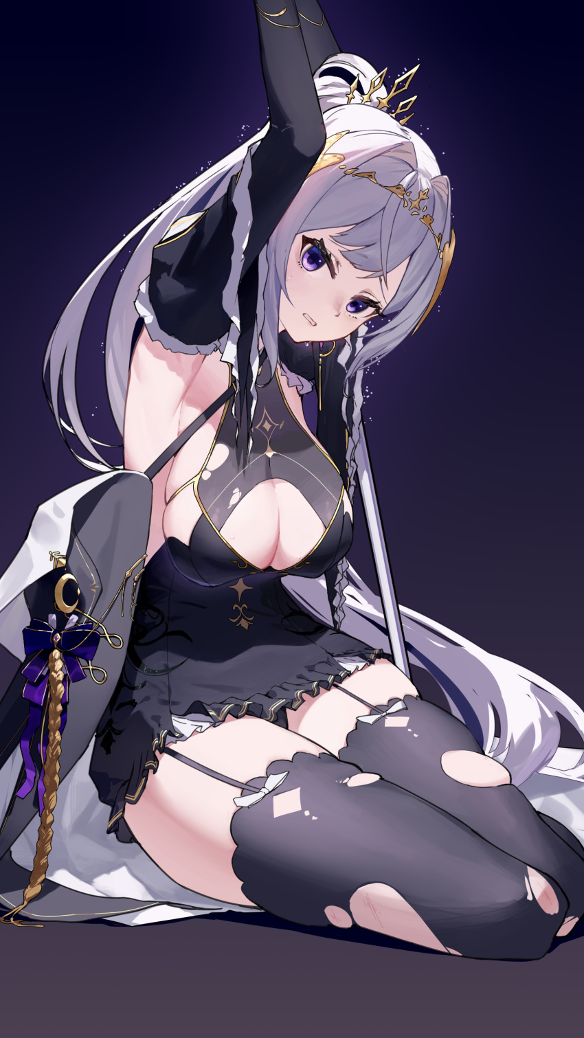 1girl absurdres arm_up armpits black_background black_dress black_gloves black_panties black_thighhighs bound bound_wrists breasts cleavage cleavage_cutout clenched_teeth clothing_cutout detached_sleeves diadem dress elbow_gloves garter_straps gloves hair_ornament han_(ozrfour) hand_out_of_frame highres large_breasts long_hair looking_at_viewer nijisanji panties pantyshot purple_eyes rhea_(virtuareal) short_dress short_sleeves sideboob sitting skindentation solo sweat teeth thighhighs torn_clothes torn_thighhighs underwear very_long_hair virtuareal white_hair yokozuwari zettai_ryouiki