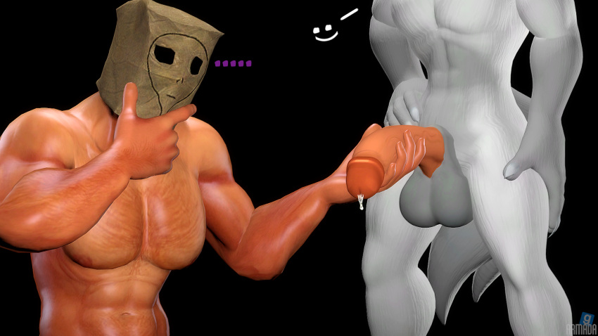 16:9 3d_(artwork) alex_the_human_(armada) anthro armada_(artist) balls big_balls big_penis black_background bodily_fluids canid canine canis caressing claws digital_media_(artwork) dripping duo fan_character fur garry's_mod genital_fluids genitals grey_tail hand_on_hip hand_on_leg hand_on_penis hand_on_thigh hi_res human humanoid juicyducksfm leaking_precum long_penis male male/male mammal muscular muscular_anthro muscular_male paperbag pecs penis precum precum_drip precum_on_penis sega simple_background sonic_the_hedgehog_(series) tail thinking white_body white_claws white_fur white_skin white_tail widescreen wolf