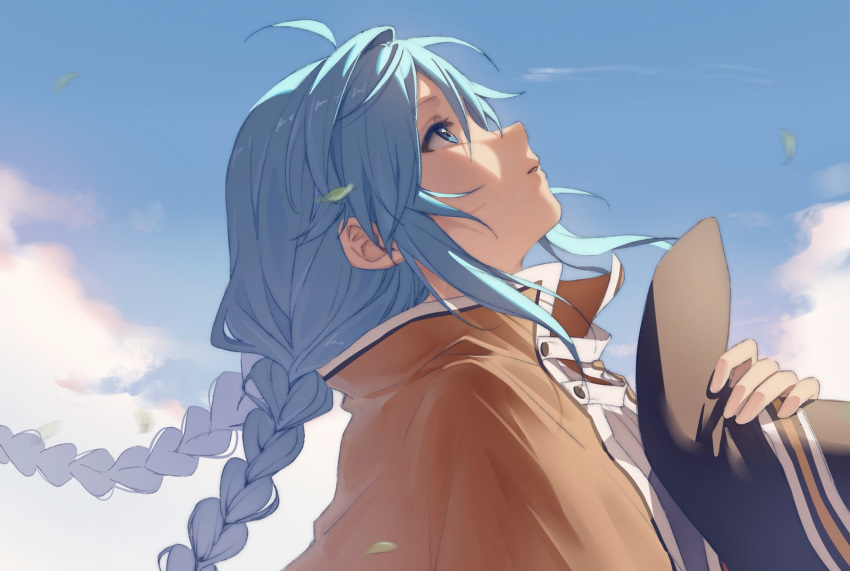 1girl ahoge black_headwear blue_eyes blue_hair blue_sky braid brown_cape cape cloud day falling_leaves from_side hair_between_eyes hat highres leaf long_braid long_hair looking_up mushoku_tensei outdoors roxy_migurdia sky tazaki_yokka twin_braids unworn_hat unworn_headwear upper_body