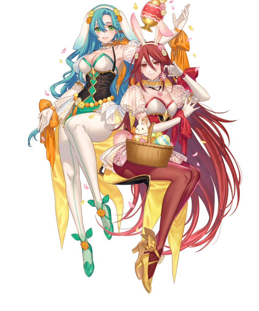 2girls animal_ears animal_hat aqua_footwear aqua_hair artist_request basket braid breasts chloe_(fire_emblem) cleavage detached_sleeves fake_animal_ears fire_emblem fire_emblem_awakening fire_emblem_engage fire_emblem_heroes gloves green_eyes hat high_heels highres leotard long_hair long_sleeves looking_at_viewer medium_breasts multiple_girls non-web_source official_art pantyhose playboy_bunny puffy_short_sleeves puffy_sleeves rabbit_ears rabbit_hat red_eyes red_hair red_pantyhose severa_(fire_emblem) short_sleeves simple_background single_braid small_breasts smile tachi-e very_long_hair white_background white_gloves white_pantyhose yellow_footwear