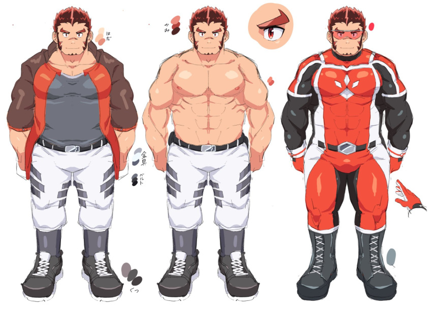 1boy abs akashi_(live_a_hero) bara bodysuit bulge facial_hair full_body goatee highres karamaru_(karamari_11) large_pectorals live_a_hero long_sideburns looking_at_viewer male_focus multiple_views muscular muscular_male navel nipples pectorals red_bodysuit red_eyes red_hair reference_sheet scar scar_on_face scar_on_nose short_hair sideburns smile stomach straight-on strongman_waist superhero_costume thick_eyebrows