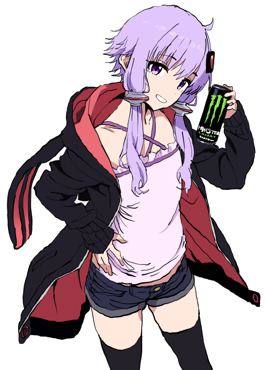 1girl absurdres adapted_costume ahoge animal_hood black_hoodie black_thighhighs can criss-cross_halter denim denim_shorts drink_can energy_drink feet_out_of_frame grin hair_ornament halter_shirt halterneck hand_on_own_hip hand_up head_tilt highres holding holding_can hood hood_down hoodie long_sleeves looking_at_viewer monster_energy open_clothes open_hoodie purple_hair purple_shirt rabbit_hood red_hoodie sadamoto_hokuto shirt short_hair_with_long_locks short_shorts shorts simple_background smile solo thighhighs two-tone_hoodie vocaloid voiceroid white_background yuzuki_yukari