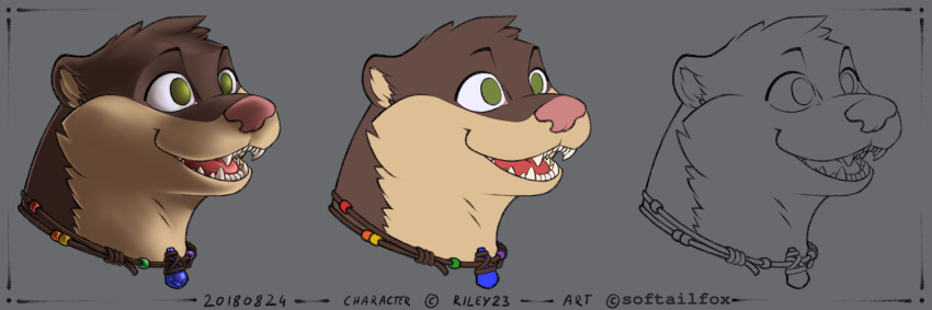 3:1 anthro brown_body brown_fur commission_art crystal flats fur gem green_eyes happy headshot_portrait hi_res icon inks jewelry lutrine male mammal mustelid necklace pendant pink_nose portrait smile softailfox solo tan_body tan_fur teeth teeth_showing tongue