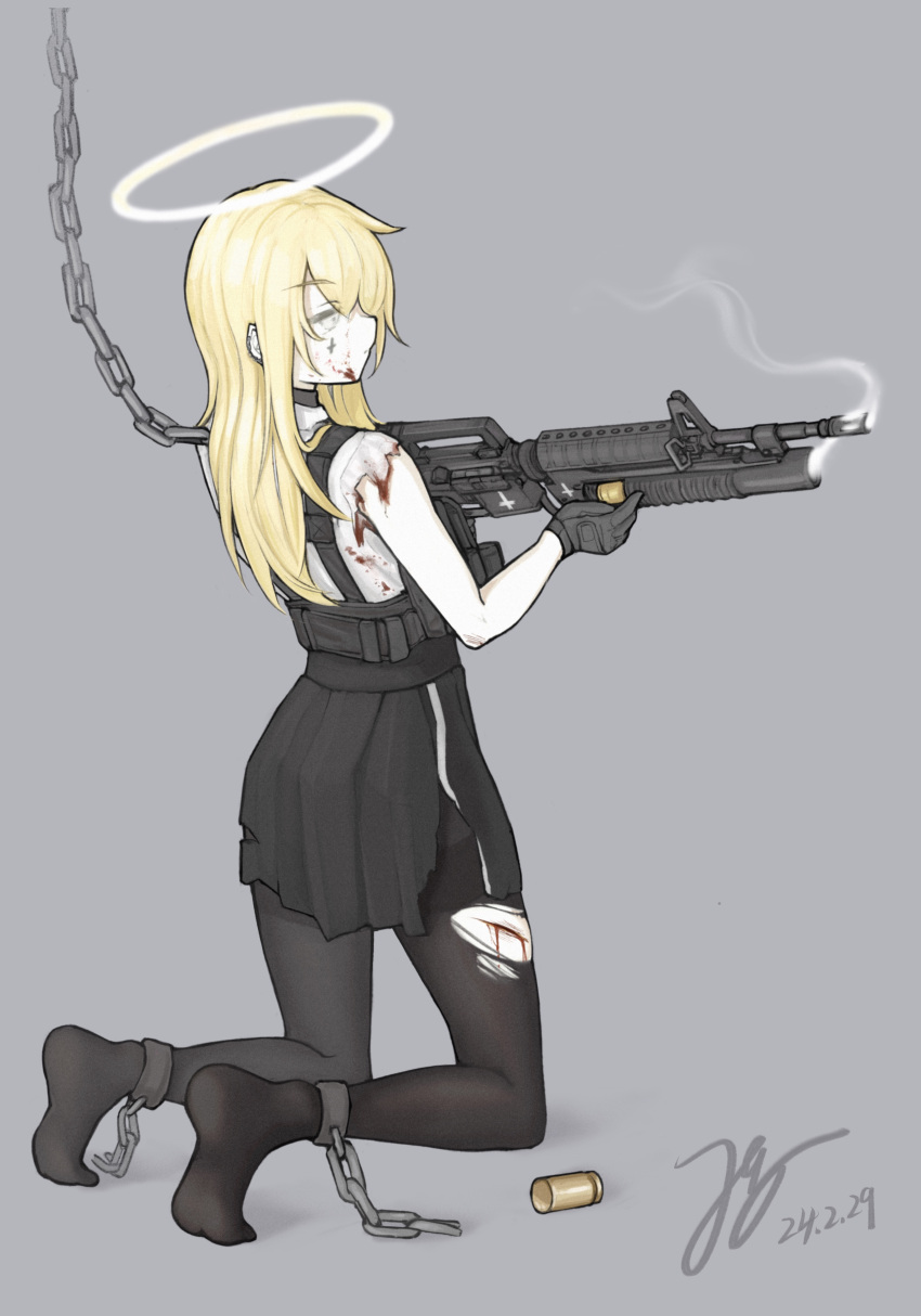 1girl absurdres assault_rifle black_gloves black_pantyhose black_skirt blonde_hair blood blood_on_clothes blood_on_face chain chained cross cross_facial_mark cross_tattoo expressionless facial_mark from_behind full_body gloves grenade_launcher grey_background gun halo highres holding holding_gun holding_weapon injury jerry_wang kneehighs long_hair m203 m4_carbine original pantyhose reloading rifle shirt simple_background skirt smoke smoking_gun socks solo torn_clothes torn_pantyhose torn_shirt torn_skirt underbarrel_grenade_launcher weapon white_eyes white_halo white_shirt