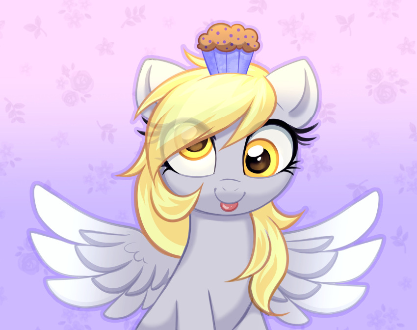 absurd_res blonde_hair confetticakez derp_eyes derpy_hooves_(mlp) equid equine food friendship_is_magic fur grey_body grey_fur hair hasbro hi_res looking_at_viewer mammal muffin my_little_pony mythological_creature mythological_equine mythology pegasus tongue tongue_out translucent translucent_hair wings yellow_eyes