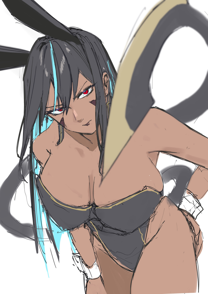 1girl absurdres animal_ears black_hair blue_hair cameltoe colored_inner_hair dark-skinned_female dark_skin earrings fujisaki_subaru goddess_of_victory:_nikke highres indivilia_(nikke) jewelry light_blue_hair multicolored_hair playboy_bunny rabbit_ears red_eyes sketch solo tail