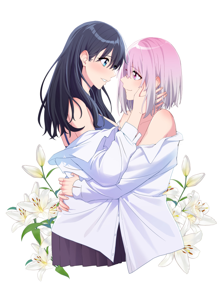 2girls absurdres black_hair black_skirt blue_eyes bra breasts chinese_commentary collared_shirt commentary_request couple cowboy_shot cropped_torso dress_shirt eye_contact flower gridman_universe hair_between_eyes hand_on_another's_cheek hand_on_another's_face highres hug jovei large_breasts lily_(flower) long_sleeves looking_at_another multiple_girls off_shoulder open_mouth pink_eyes pink_hair pleated_skirt purple_bra shinjou_akane shirt skirt smile ssss.gridman takarada_rikka underwear white_flower white_shirt yuri