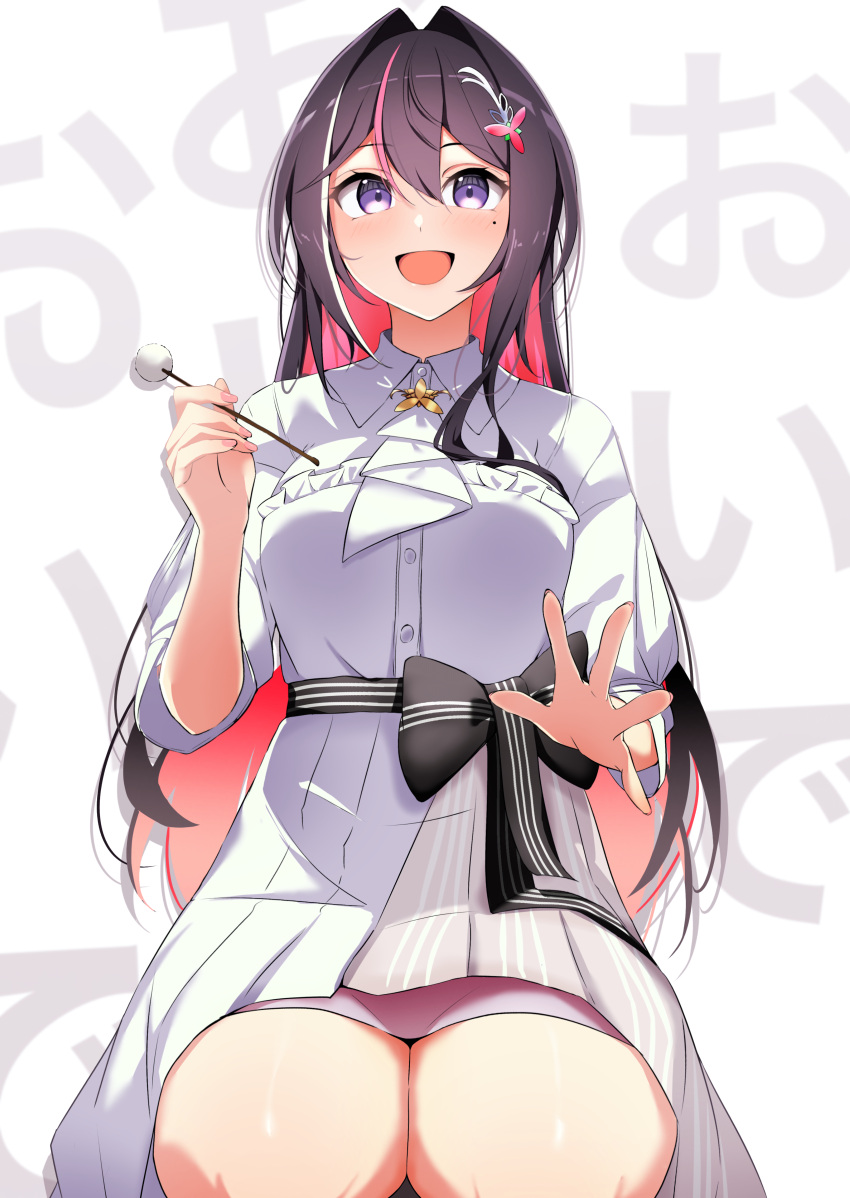 1girl :d absurdres ascot azki_(4th_costume)_(hololive) azki_(hololive) black_sash blush bow breasts brown_hair collared_dress colored_inner_hair commentary_request double-parted_bangs dress grey_dress hair_between_eyes hair_intakes hair_ornament hairclip high-low_skirt highres hololive lap_pillow_invitation long_hair looking_at_viewer medium_breasts mimikaki mole mole_under_eye multicolored_hair official_alternate_costume official_alternate_hair_length official_alternate_hairstyle open_mouth pink_hair purple_eyes sash seiza sitting skirt skirt_under_dress sleeves_past_elbows smile solo striped_clothes striped_dress two-tone_dress vertical-striped_clothes vertical-striped_dress very_long_hair virtual_youtuber waist_bow white_ascot white_background white_dress white_skirt yamaki_(yamaki801)
