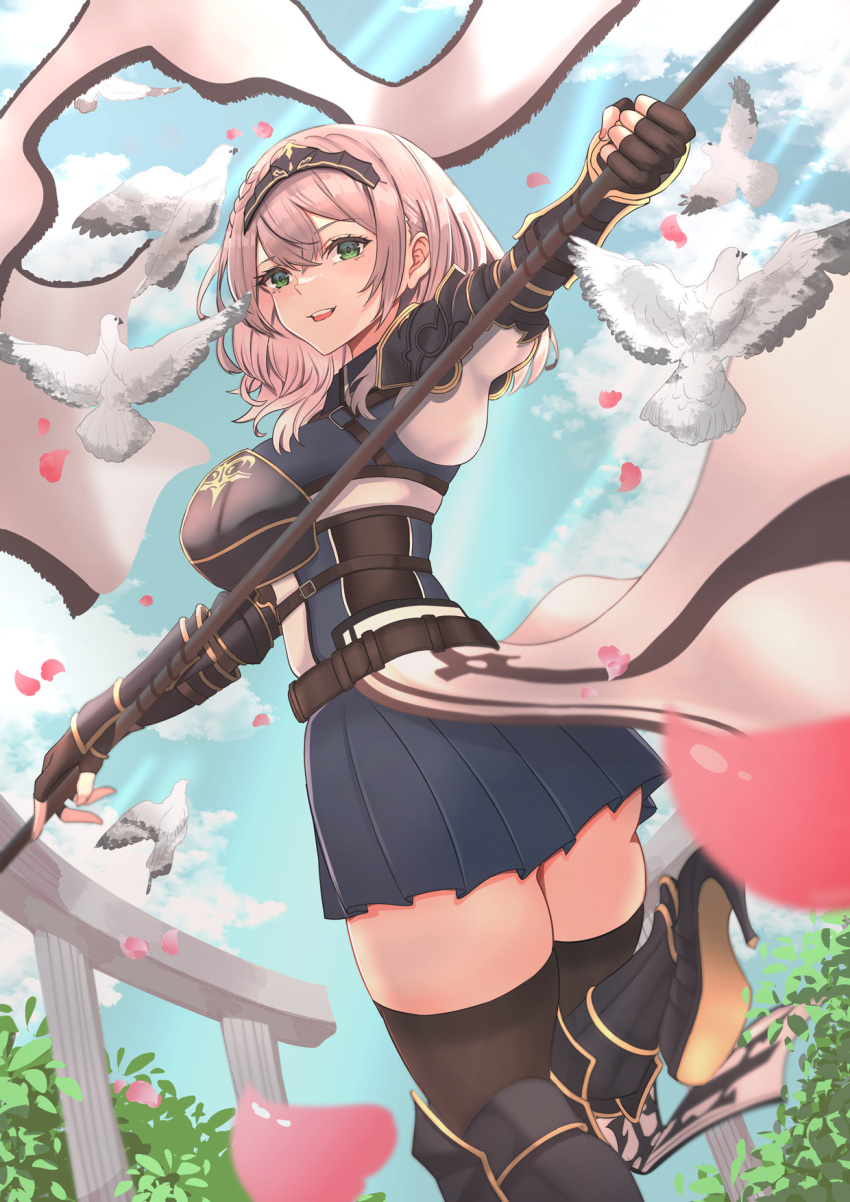 1girl armor bird breasts chest_guard dove flag green_eyes grey_hair high_heels highres holding holding_flag hololive large_breasts looking_at_viewer open_mouth oursong_(kiam_pis) outdoors shirogane_noel shirogane_noel_(1st_costume) short_hair shoulder_armor skirt smile solo virtual_youtuber wavy_hair zettai_ryouiki