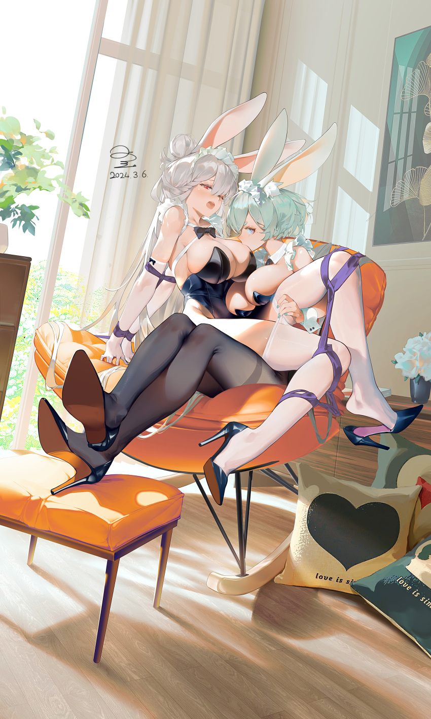 2girls absurdres animal_ears bare_shoulders between_breasts black_footwear black_leotard black_pantyhose blue_eyes blush bow breasts chair cleavage cup detached_collar fake_animal_ears flower grabbing grabbing_another's_breast grey_hair groping hair_bun hair_ornament heart high_heels highres indoors large_breasts legs leotard long_hair looking_at_viewer multiple_girls open_mouth original pantyhose plant playboy_bunny potted_plant rabbit_ears rabbit_tail red_eyes ribao ribbon shoe_dangle shoes short_hair single_hair_bun sitting smile spread_legs table tail very_long_hair white_hair white_pantyhose window wrist_cuffs