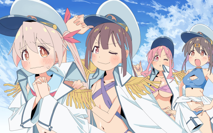 4girls :d ;) bare_arms bare_shoulders bikini black_hair blue_bikini blue_hair blue_sky blunt_bangs blush breasts brown_eyes brown_hair cleavage_cutout clothing_cutout cloud coat coat_around_waist coat_on_shoulders colored_inner_hair commentary criss-cross_halter epaulettes flat_chest hair_between_eyes hair_ornament hairclip halterneck hand_on_another's_shoulder hand_on_own_hip hands_on_own_hips harusaming hat highres hozuki_kaede hozuki_momiji large_breasts long_sleeves looking_at_viewer medium_breasts multicolored_hair multiple_girls nail_polish navel official_alternate_costume official_alternate_hair_length official_alternate_hairstyle one_eye_closed onii-chan_wa_oshimai! open_mouth own_hands_clasped own_hands_together oyama_mahiro oyama_mihari peaked_cap pink_eyes pink_hair pink_nails purple_bikini purple_hair siblings sisters sky smile swimsuit two-tone_hair wavy_mouth white_coat