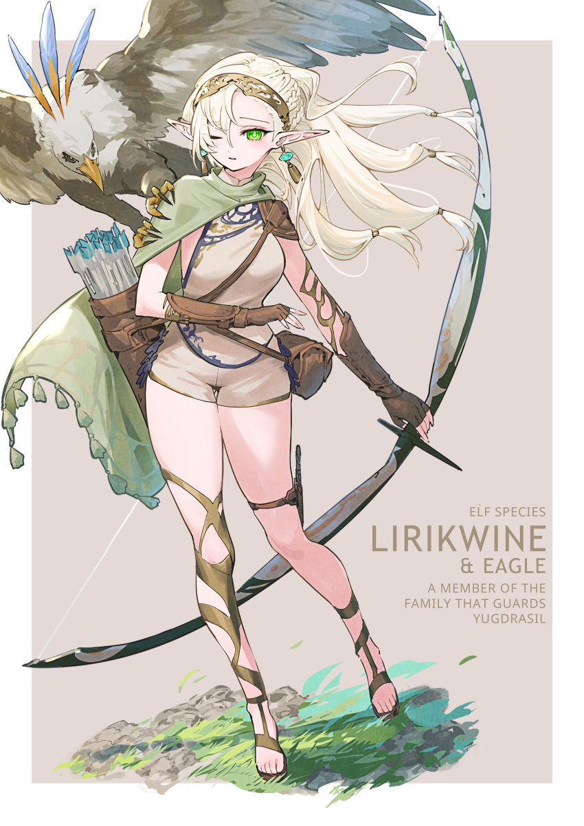 1girl absurdres animal_on_shoulder arrow_(projectile) belt belt_pouch bird bird_on_shoulder blonde_hair bow_(weapon) cloak eagle earrings elf english_text fingerless_gloves full_body gloves green_eyes highres holding holding_bow_(weapon) holding_weapon jewelry long_hair nemoto_yuuma one_eye_closed original pointy_ears pouch quiver solo standing talons tassel thigh_strap weapon wind wind_lift