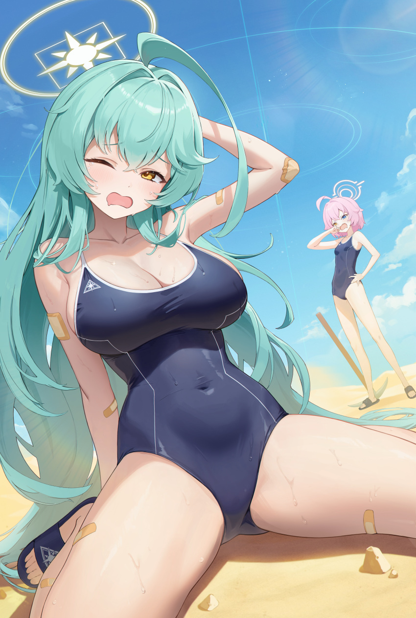 2girls absurdres abydos_high_school_swimsuit ahoge aqua_hair arm_up armpits bandaid bandaid_on_arm bandaid_on_thigh bare_shoulders blonde_hair blue_archive blue_eyes blue_sky blush breasts cleavage collarbone competition_school_swimsuit covered_navel day desert dkxlek double-parted_bangs drooling full_body halo heterochromia highres hoshino_(blue_archive) hoshino_(young)_(blue_archive) huge_ahoge large_breasts long_hair looking_at_viewer mouth_drool multiple_girls one_eye_closed open_mouth outdoors pickaxe pink_hair school_swimsuit shading_eyes short_hair sitting sky small_breasts spread_legs standing sunlight sweat swimsuit too_many_bandaids yellow_eyes yellow_halo yume_(blue_archive)