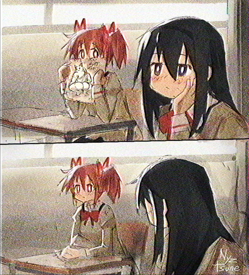 2girls akemi_homura app_filter black_eyes black_hairband bow broly_culo_(meme) classroom desk drawing_(object) film_grain hairband hand_on_own_face highres kaname_madoka kyubey mahou_shoujo_madoka_magica meme mitakihara_school_uniform multiple_girls nyztsune red_bow red_eyes red_hairband school_desk school_uniform sitting