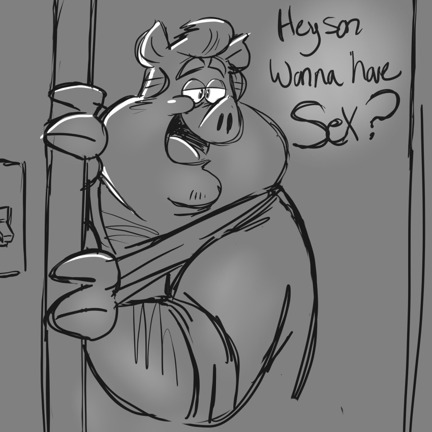1:1 2020 anthro biped clothing domestic_pig english_text hi_res male mammal monochrome overweight overweight_anthro overweight_male shirt sketch solo suid suina sus_(pig) text topwear trashtoonz