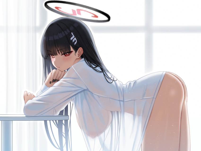 1girl absurdres arm_rest ass black_hair blue_archive blush bottomless breasts commentary_request dated_commentary fingernails from_side halo hanging_breasts highres indoors large_breasts leaning_forward leaning_on_object long_hair looking_at_viewer looking_to_the_side mijikayo nail_polish naked_shirt nipples no_bra red_eyes ringed_eyes rio_(blue_archive) see-through_silhouette shirt solo very_long_hair white_shirt