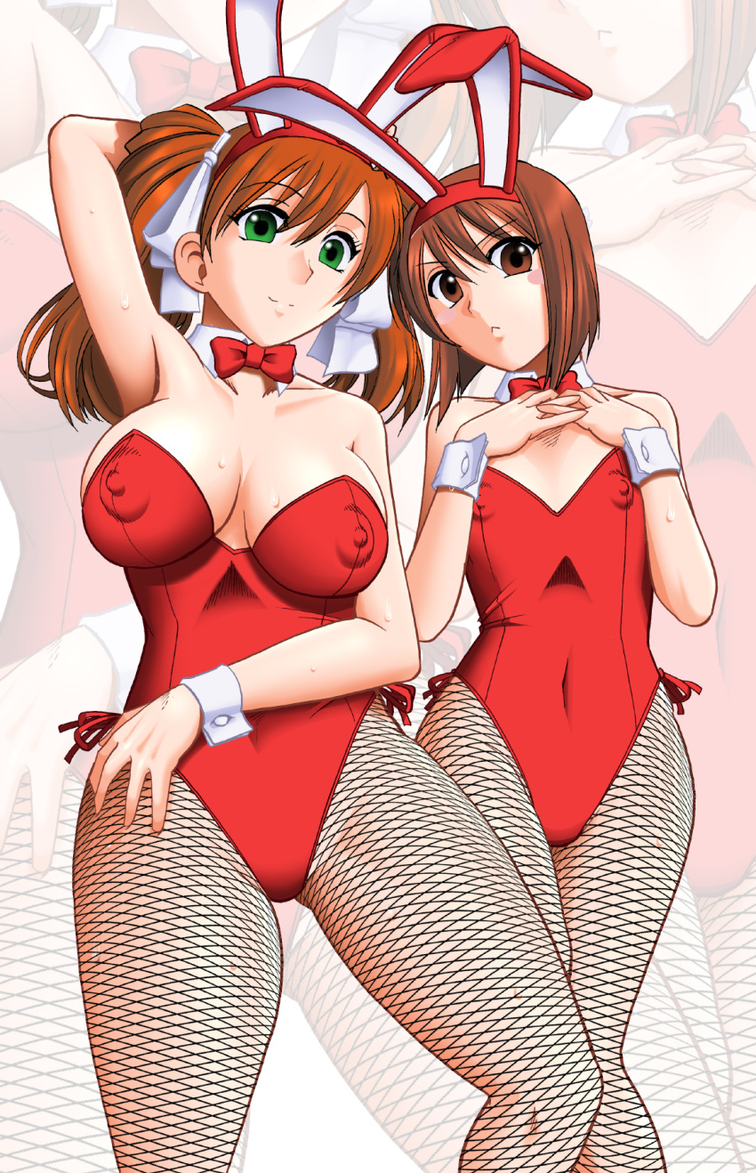 2girls animal_ears arm_up asahina_yurina blush blush_stickers bow bowtie breasts brown_eyes brown_hair covered_nipples fake_animal_ears fishnet_pantyhose fishnets green_eyes hair_ribbon hairband hand_on_own_head hand_on_own_thigh hands_on_own_neck highleg highleg_leotard highres kayama_tamami large_breasts leotard long_hair looking_at_viewer mirror_image mokkouyou_bond multiple_girls navel nipples orange_hair pantyhose playboy_bunny rabbit_ears red_hair red_leotard red_ribbon ribbon short_hair small_breasts smile strapless strapless_leotard super_real_mahjong sweat traditional_bowtie twintails wrist_cuffs