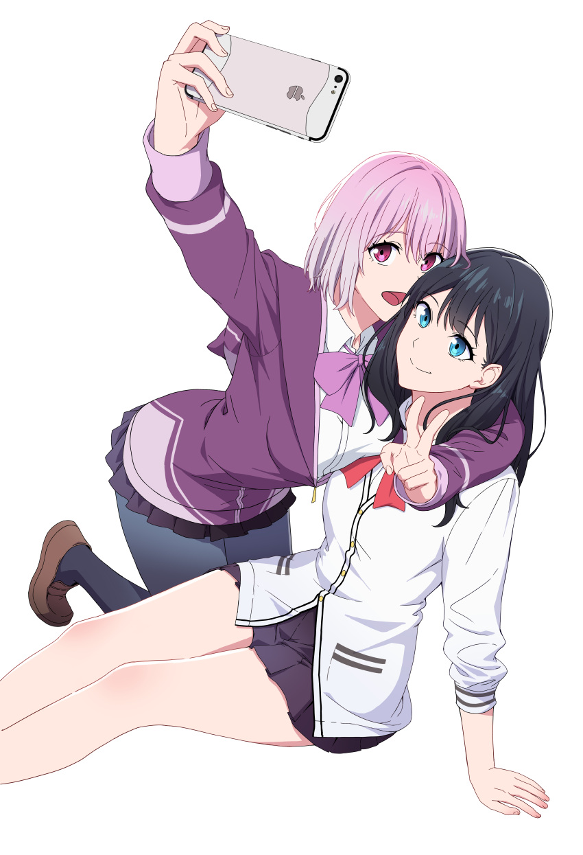2girls absurdres arm_around_neck arm_support black_hair black_pantyhose black_skirt blue_eyes bow bowtie brown_footwear cardigan cellphone chinese_commentary collared_shirt commentary_request dress_shirt gridman_universe hair_between_eyes highres holding holding_phone iphone jacket jovei loafers long_hair long_sleeves multiple_girls pantyhose partially_unzipped phone pink_eyes pleated_skirt purple_bow purple_bowtie purple_eyes purple_jacket selfie shinjou_akane shirt shoes short_hair simple_background sitting skirt sleeves_past_elbows smartphone ssss.gridman takarada_rikka white_background white_cardigan white_shirt