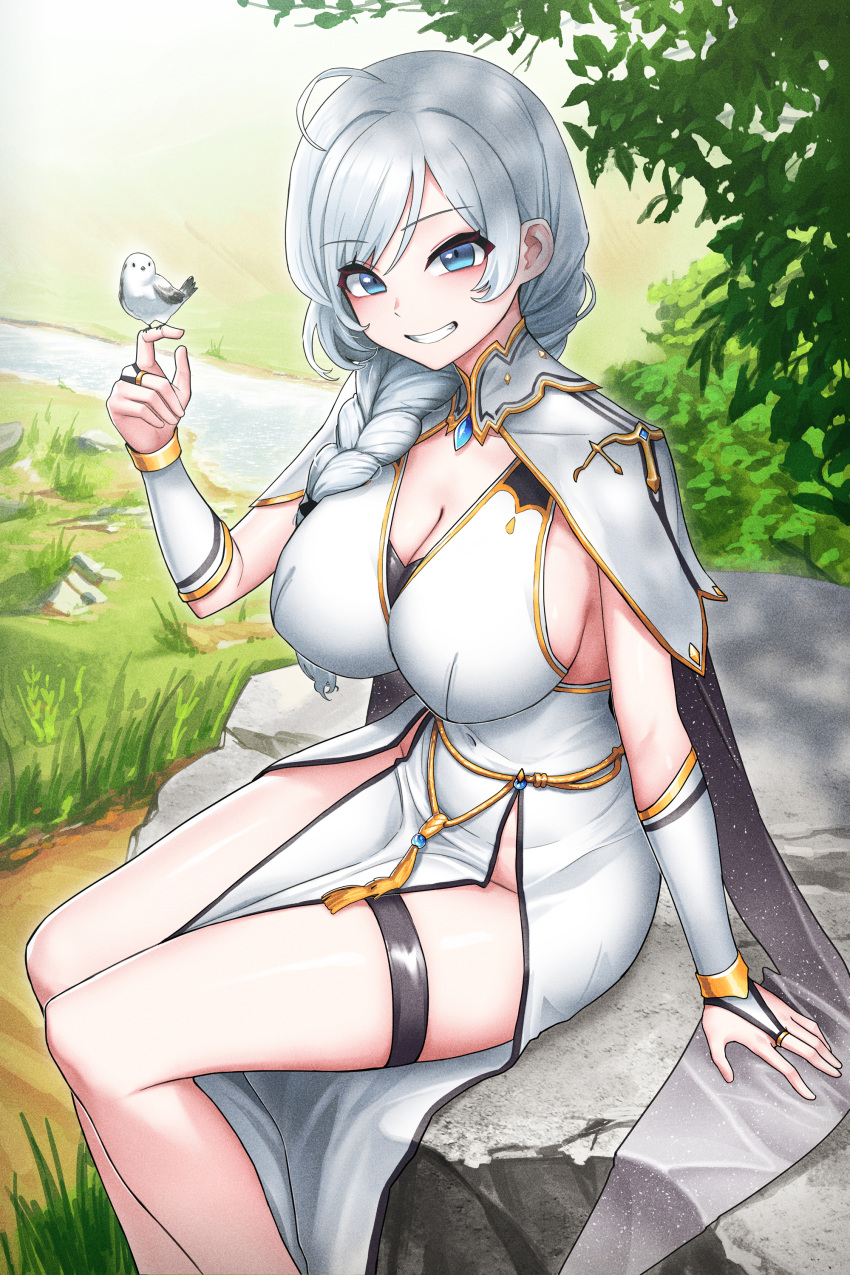 1girl absurdres ahoge bird bird_on_hand blue_hair braid branch breasts brooch bush cain_(gunnermul) capelet cleavage dress grass hair_between_eyes hair_over_shoulder hand_up highres isekai_milf_hunter jewelry large_breasts long_hair original rock sitting smile solo stream thigh_strap white_capelet white_dress white_hair