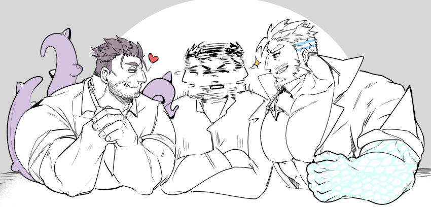 :q aegir_(housamo) afterimage arm_fins arm_on_table bara bare_pectorals beard beard_stubble boy_sandwich confused crossed_arms dagon_(housamo) elbows_on_table facial_hair fins fish_boy full_beard greyscale heart highres large_pectorals long_sideburns looking_around male_focus mature_male monochrome motion_blur muscular muscular_male mustache_stubble own_hands_together parody pectorals profile protagonist_3_(housamo) ramusyutarou sandwiched seductive_smile short_hair sideburns sideways_mouth simple_background smile sparkle spinning_head spot_color stubble the_weaker_sex_1_(gibson) thick_beard thick_eyebrows tokyo_afterschool_summoners tongue tongue_out undressing upper_body