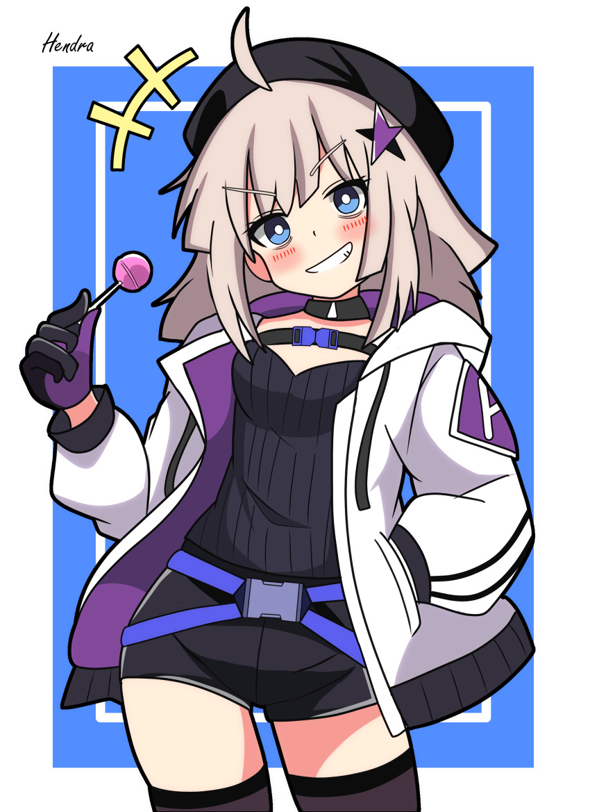 1girl :d ^^^ aa-12_(girls'_frontline) absurdres ahoge beret black_gloves black_headwear black_shirt black_shorts black_thighhighs blue_background blue_eyes blush border buckle candy contrapposto food girls'_frontline gloves grey_hair grin hair_ornament hand_in_pocket hat head_tilt hendra highres holding holding_candy holding_food holding_lollipop inset_border jacket legs_apart lollipop long_hair long_sleeves looking_at_viewer open_clothes open_jacket open_mouth purple_gloves purple_jacket ribbed_shirt shirt short_shorts shorts signature simple_background smile solo star_(symbol) star_hair_ornament teeth thighhighs thighs two-sided_fabric two-sided_jacket two-tone_gloves v-shaped_eyebrows white_border white_jacket zettai_ryouiki