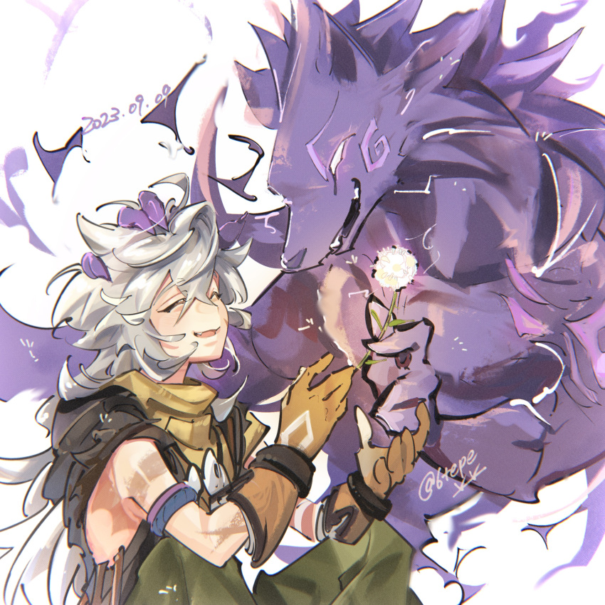 1boy absurdres bone_necklace closed_eyes cowboy_shot dandelion dated flower genshin_impact gloves grey_hair highres kyono_suk long_hair male_focus orange_gloves razor_(genshin_impact) simple_background sitting smile solo upper_body white_background wolf