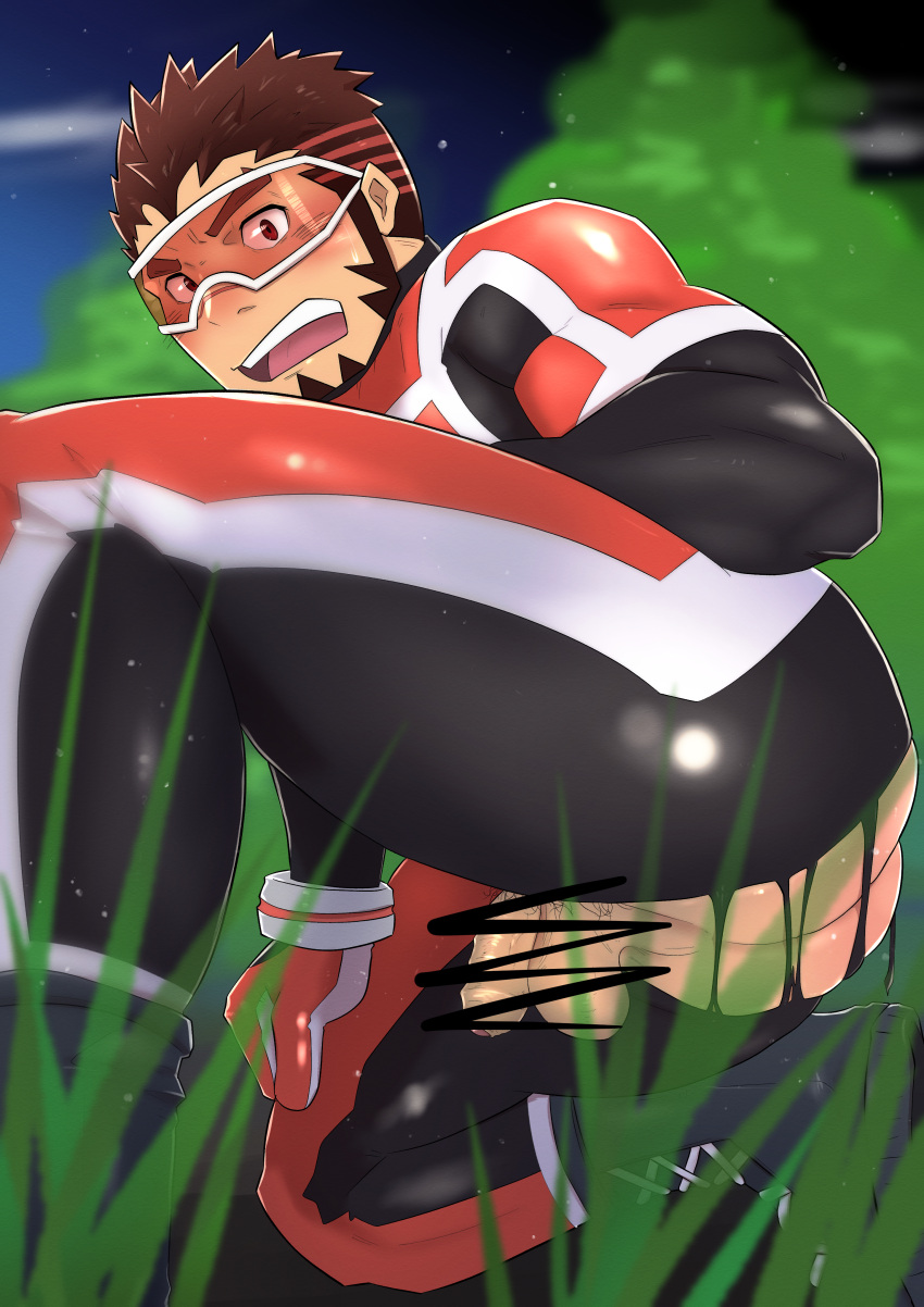 1boy absurdres akashi_(live_a_hero) ass bara bodysuit dotsu_(wtnbkwiyd) facial_hair flaccid from_below from_side goatee goggles grass highres large_pectorals leg_up live_a_hero long_sideburns looking_at_viewer male_focus muscular muscular_male open_mouth pectorals red_eyes red_hair scar scar_on_face scar_on_nose scribble_censor short_hair shy sideburns solo superhero_costume thick_thighs thighs torn_bodysuit torn_clothes