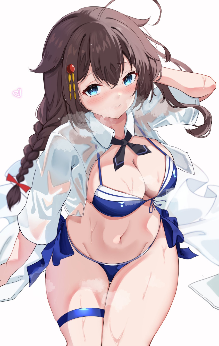 1girl ahoge bikini black_hair black_ribbon blue_bikini blue_eyes braid breasts calin cleavage collared_shirt dress_shirt front-tie_bikini_top front-tie_top hair_flaps hair_over_shoulder highres kantai_collection large_breasts long_hair navel neck_ribbon open_clothes open_shirt ribbon shigure_(kancolle) shigure_kai_san_(kancolle) shirt side-tie_bikini_bottom simple_background single_braid sitting smile solo swimsuit wet white_background white_shirt